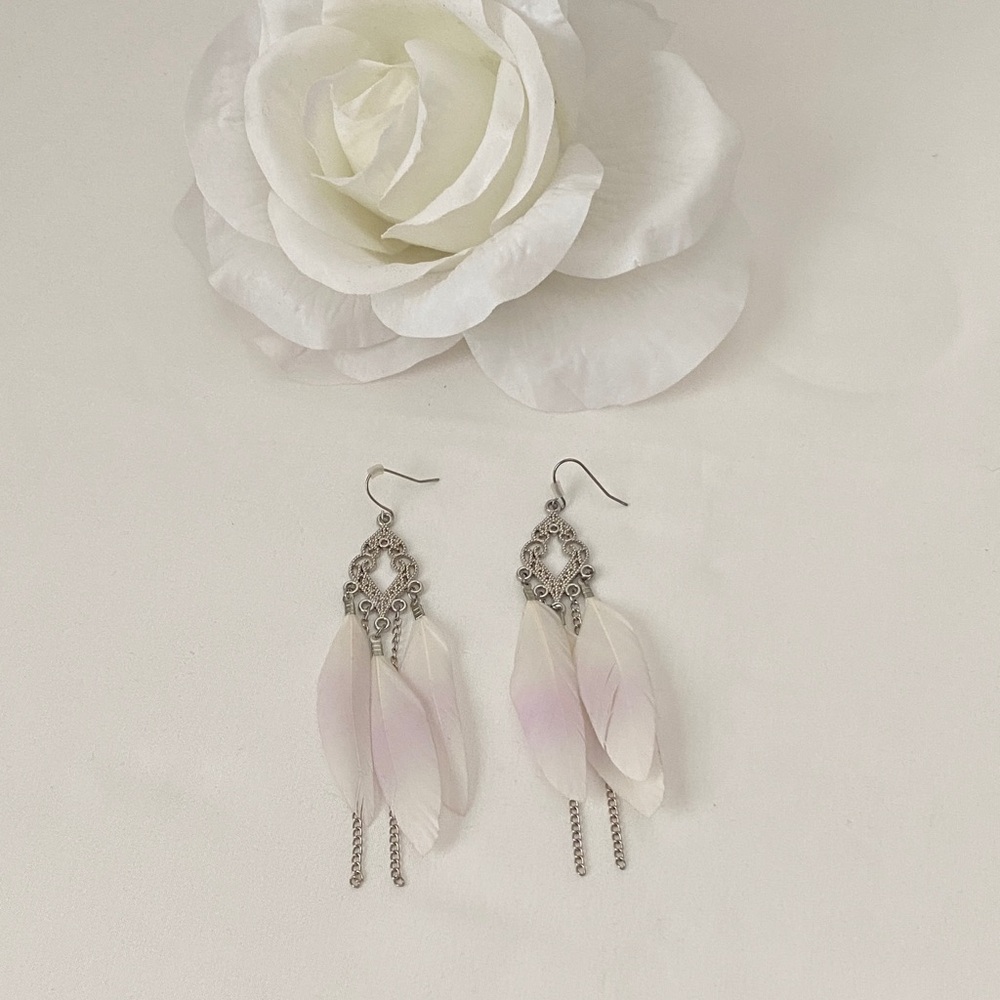 Elegant Silver, White, and Pink Feather Earrings